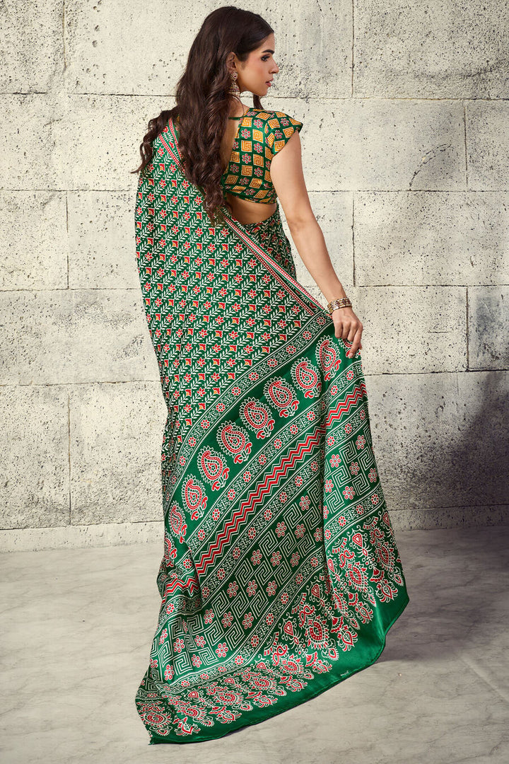 Dartmouth Green Printed Semi Modal Satin Silk Saree