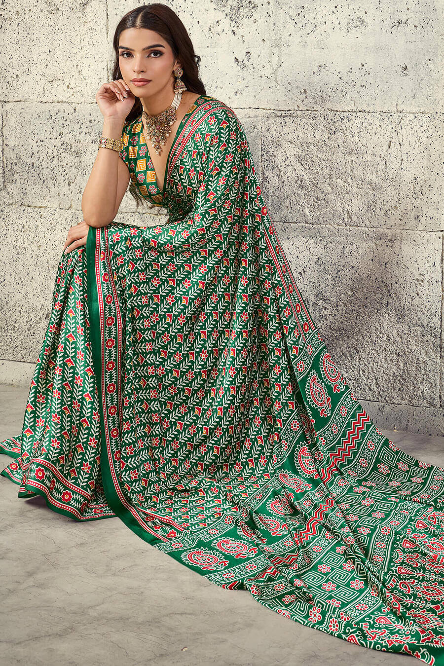 Dartmouth Green Printed Semi Modal Satin Silk Saree