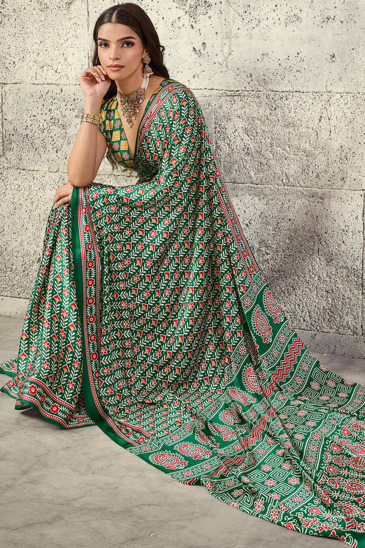 Dartmouth Green Printed Semi Modal Satin Silk Saree