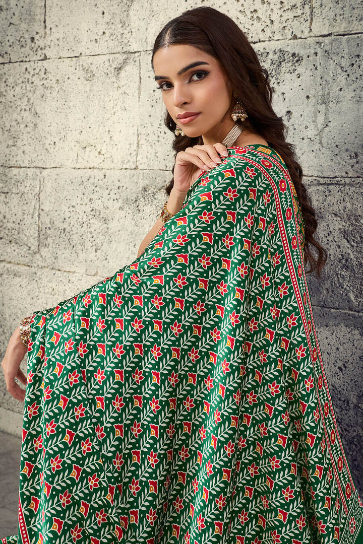 Dartmouth Green Printed Semi Modal Satin Silk Saree