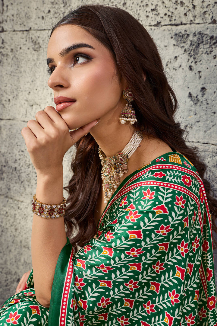 Dartmouth Green Printed Semi Modal Satin Silk Saree