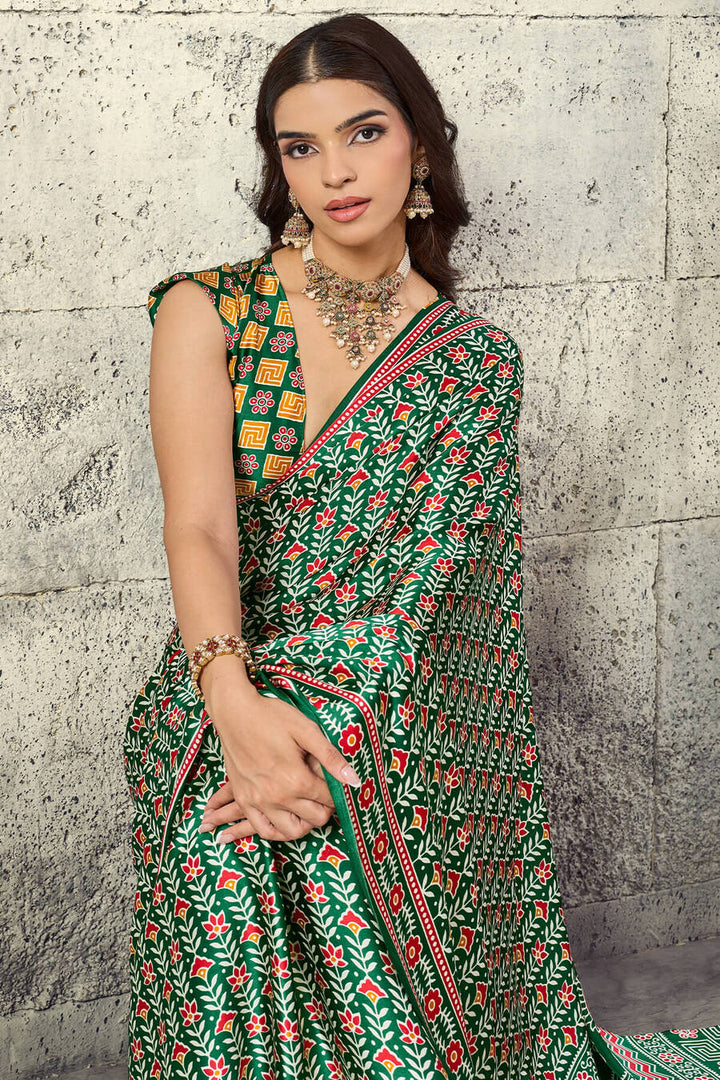 Dartmouth Green Printed Semi Modal Satin Silk Saree