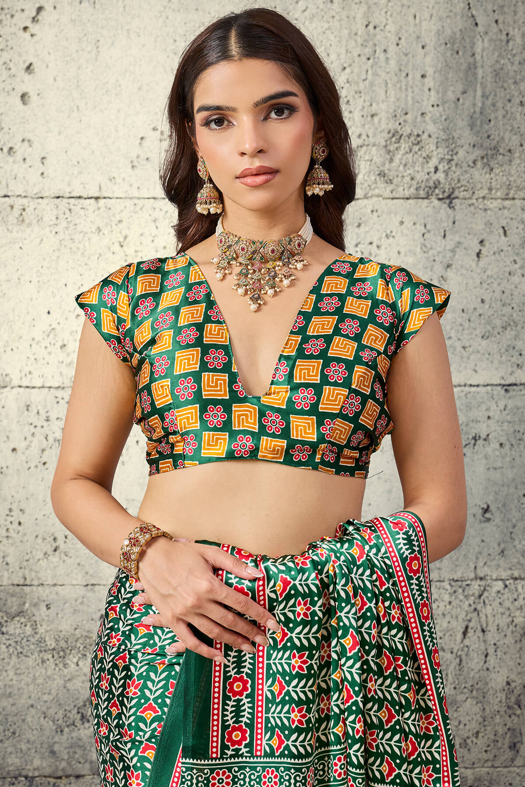 Dartmouth Green Printed Semi Modal Satin Silk Saree