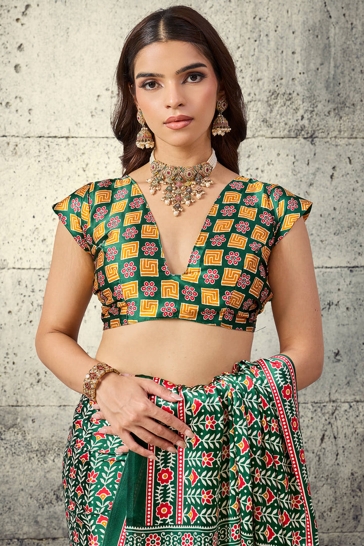 Dartmouth Green Printed Semi Modal Satin Silk Saree