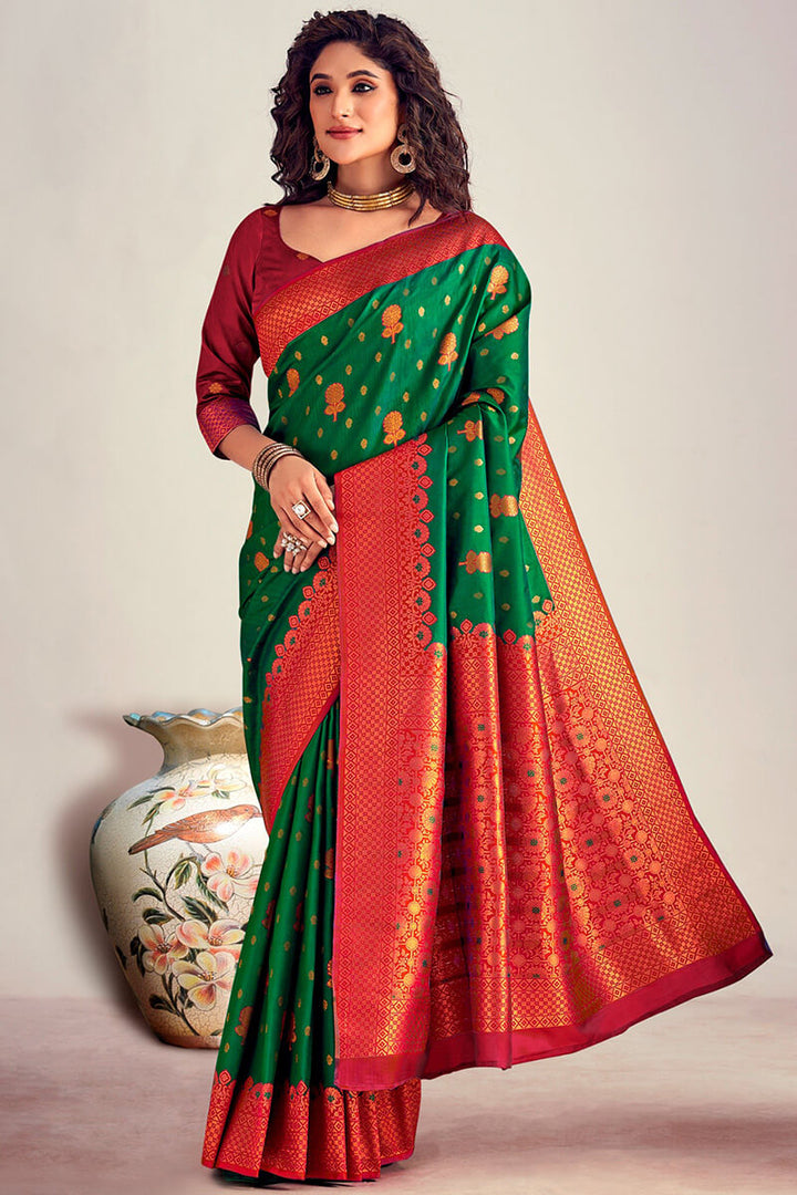 Dartmouth Green Soft Banarasi Silk Saree