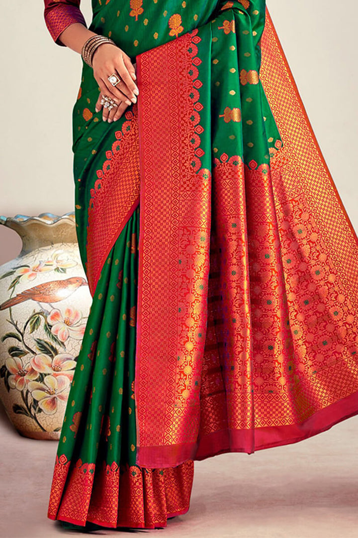 Dartmouth Green Soft Banarasi Silk Saree