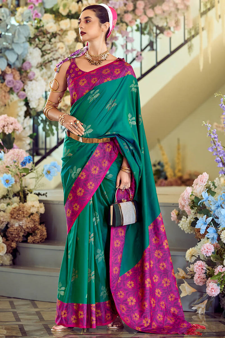 Dartmouth Green Soft Silk Saree with Ikkat Border