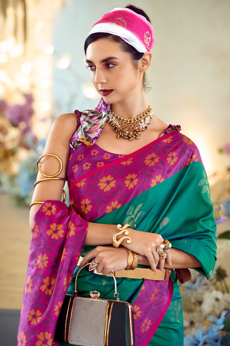 Dartmouth Green Soft Silk Saree with Ikkat Border