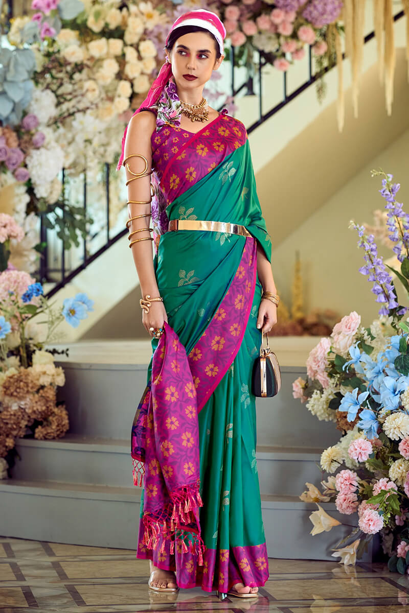 Dartmouth Green Soft Silk Saree with Ikkat Border