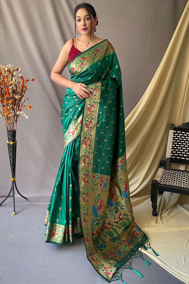 Dartmouth Green Zari Woven Paithani Silk Saree