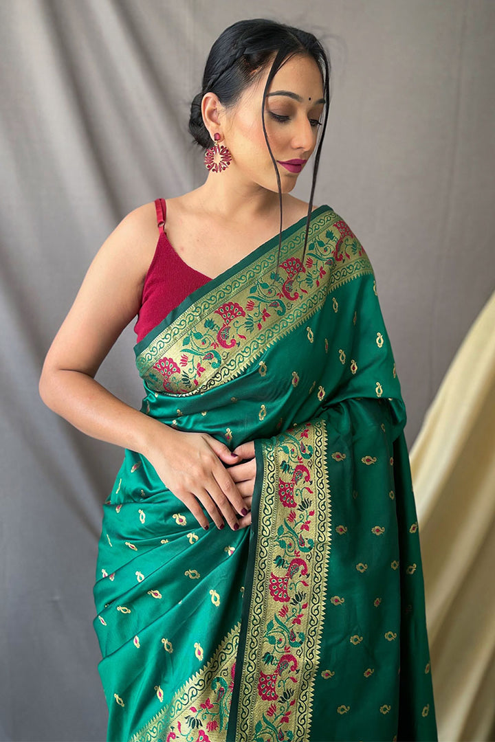 Dartmouth Green Zari Woven Paithani Silk Saree