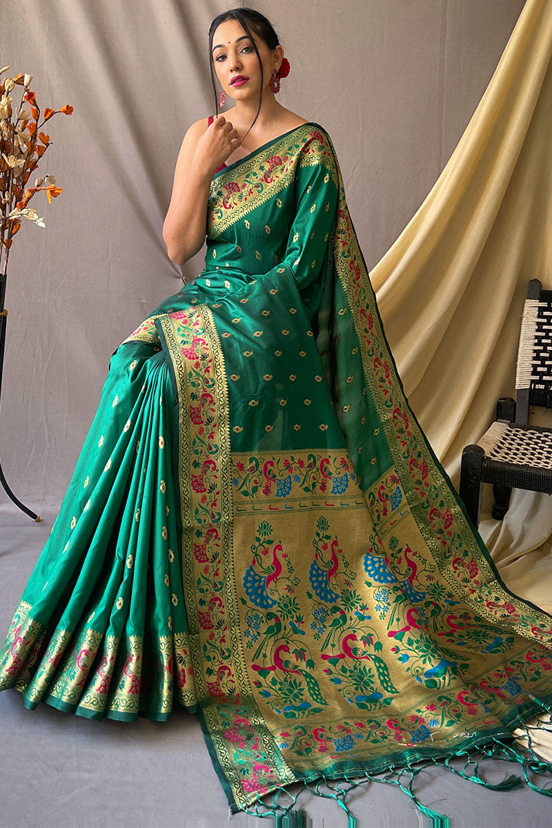 Dartmouth Green Zari Woven Paithani Silk Saree