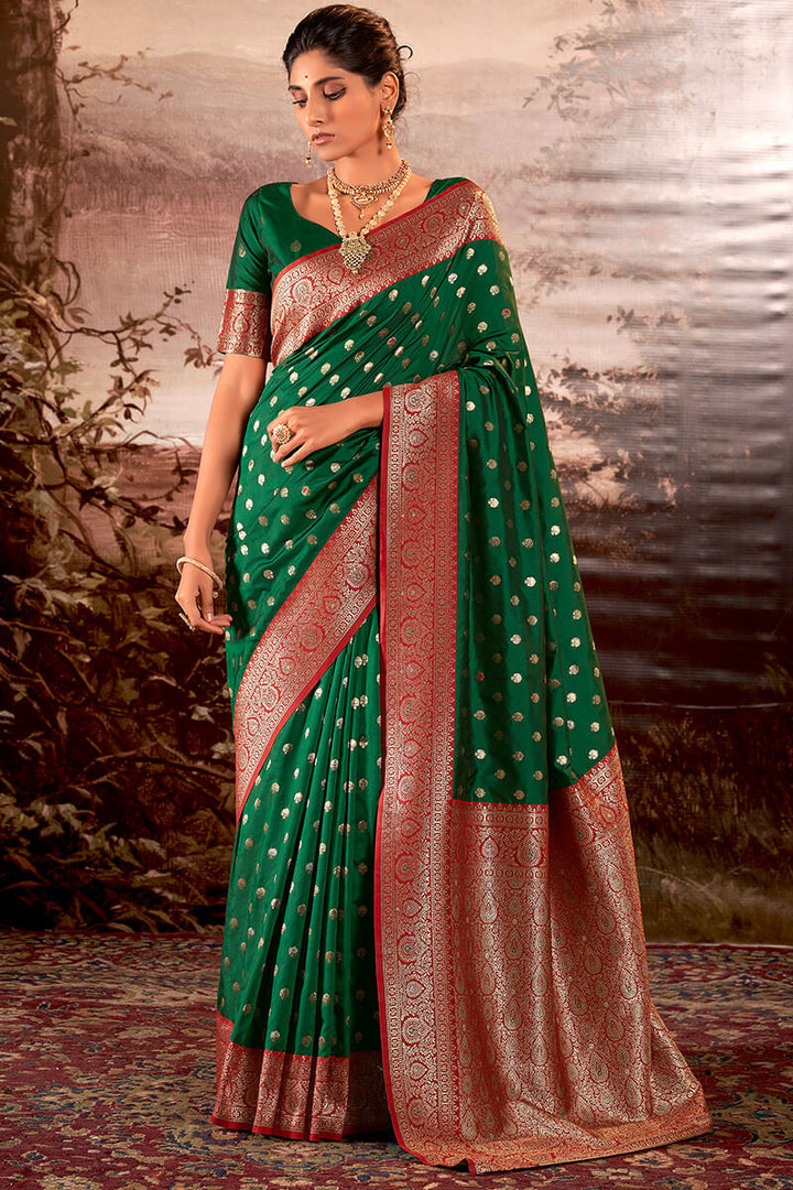 Dartmouth Green Zari Woven Soft Banarasi Silk Saree