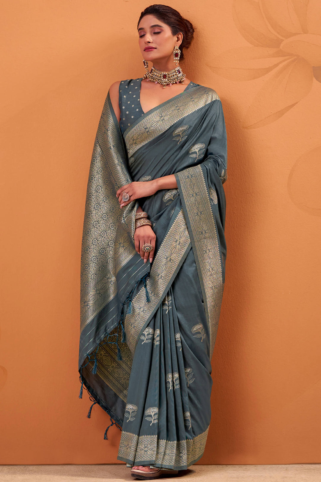 Davy Grey Banarasi Tussar Silk Saree