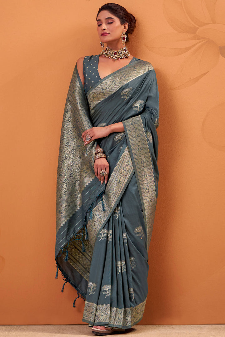 Davy Grey Banarasi Tussar Silk Saree