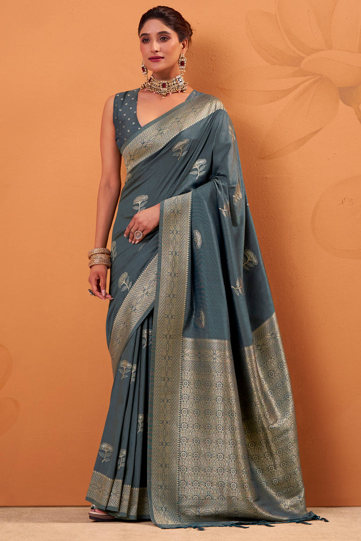 Davy Grey Banarasi Tussar Silk Saree