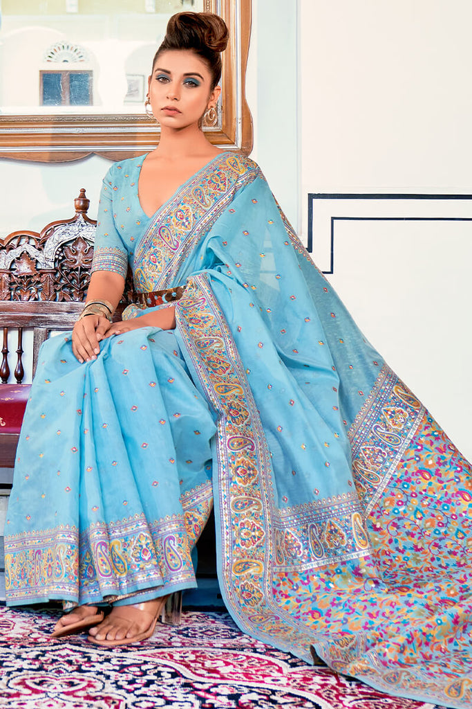 Day Sky Blue Kashmiri Modal Pashmina Silk Saree