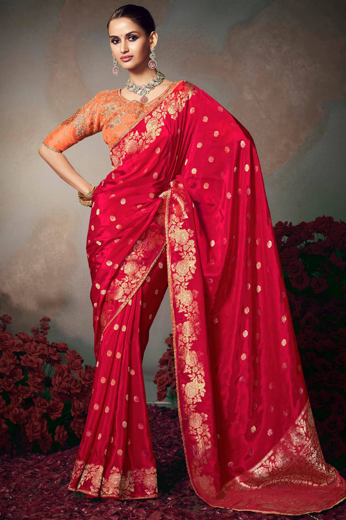 Debian Red Banarasi Silk Saree with Designer Blouse Piece