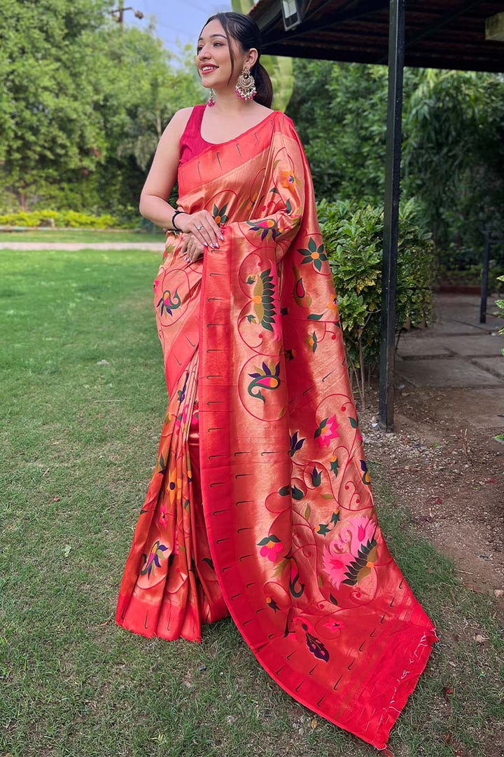 Debian Red Zari Woven Paithani Silk Saree