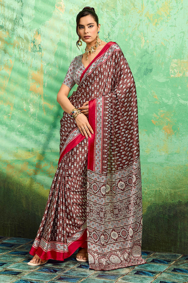Deep Brown Ajrakh Printed Satin Silk Saree