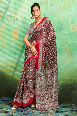 Deep Brown Ajrakh Printed Satin Silk Saree
