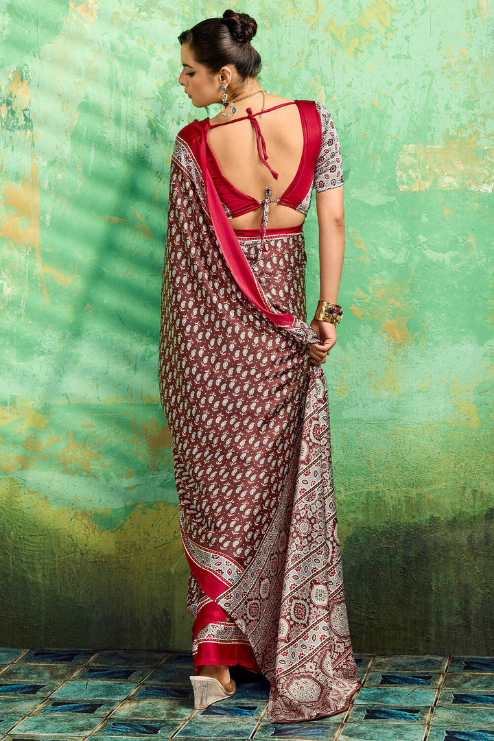 Deep Brown Ajrakh Printed Satin Silk Saree