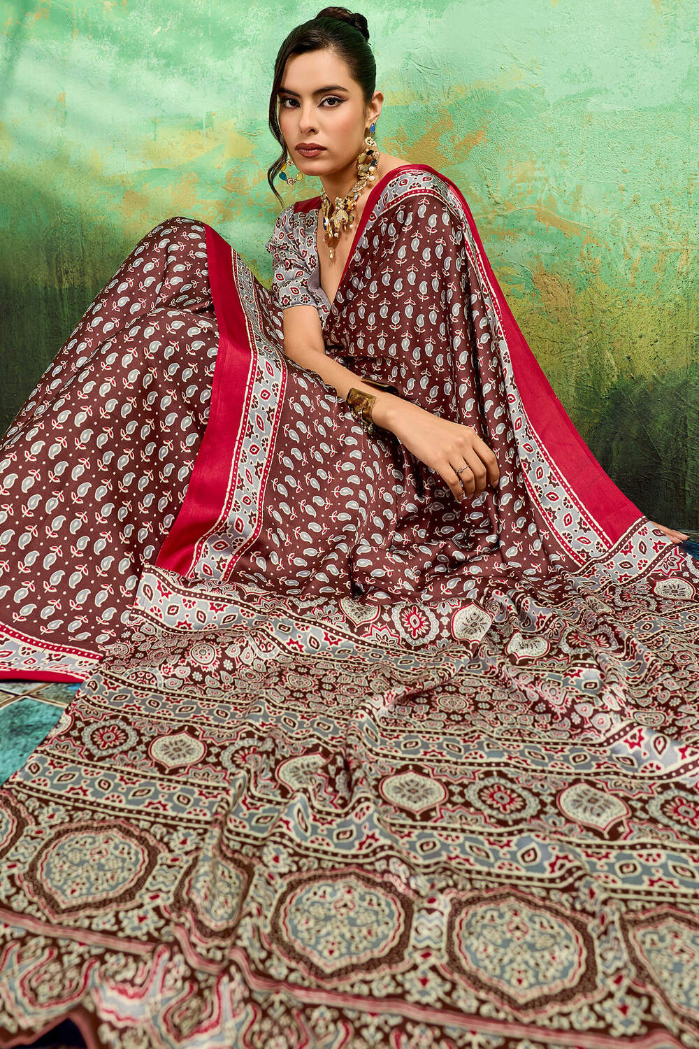 Deep Brown Ajrakh Printed Satin Silk Saree