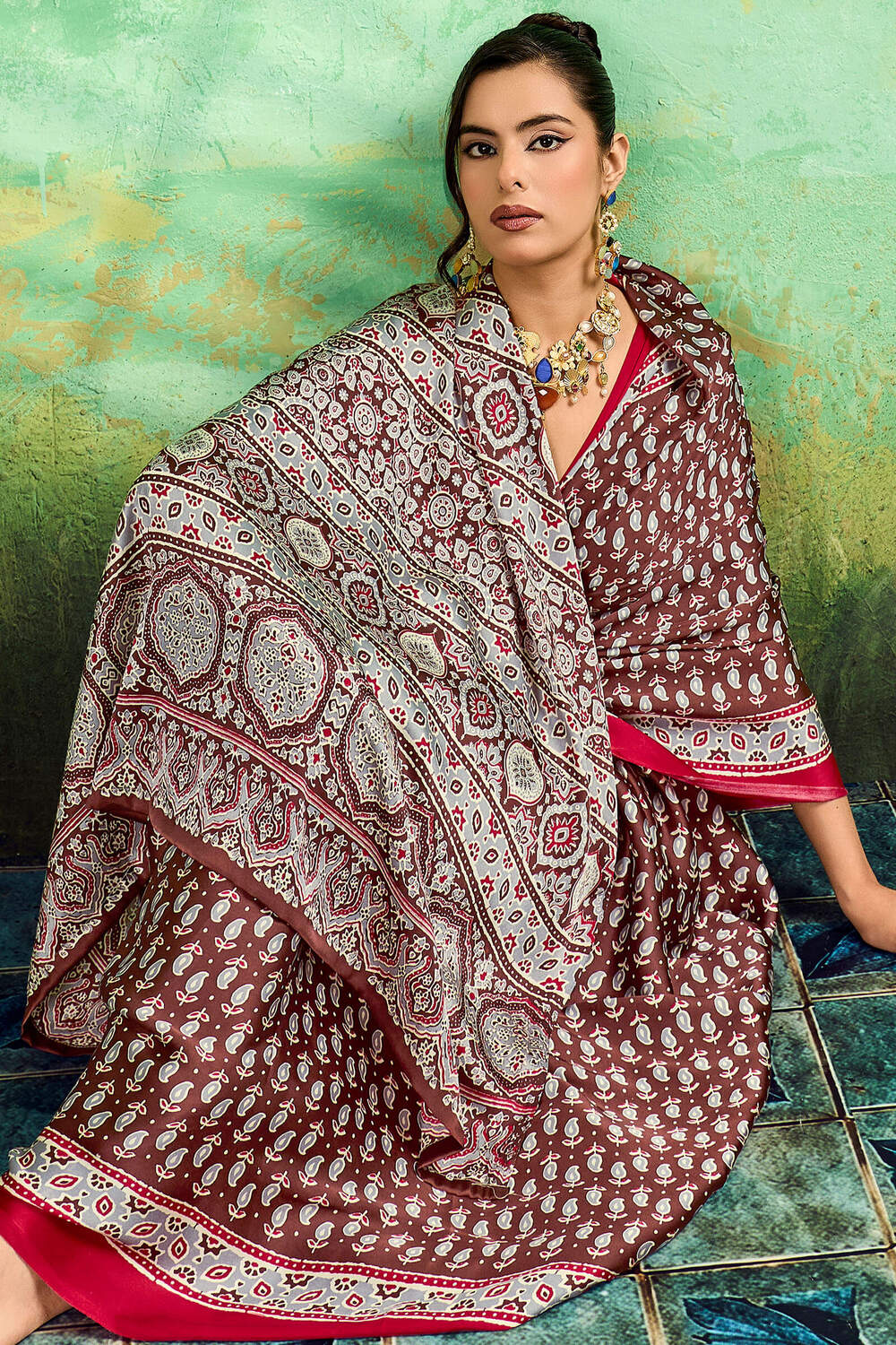Deep Brown Ajrakh Printed Satin Silk Saree