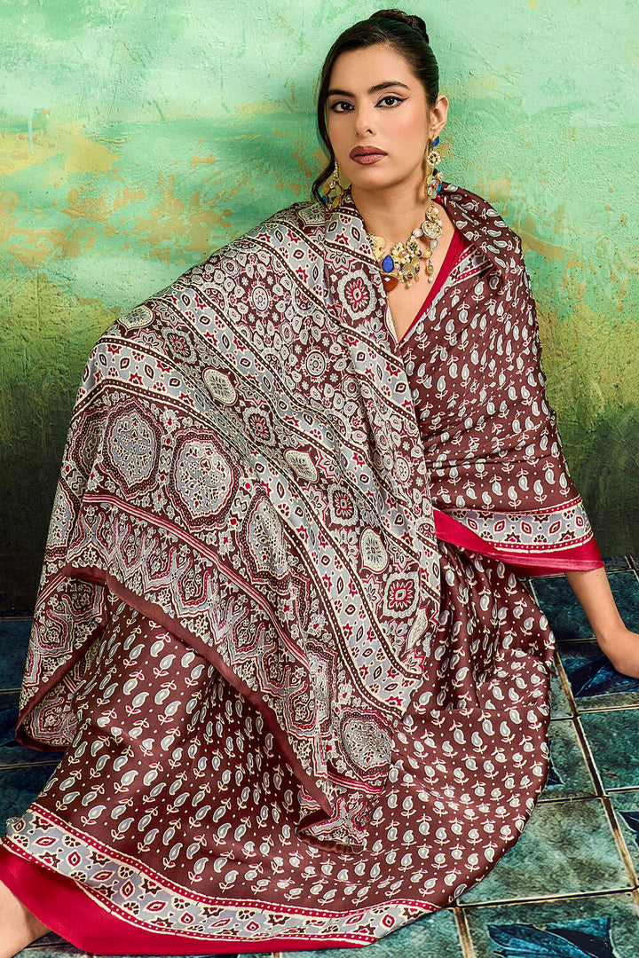 Deep Brown Ajrakh Printed Satin Silk Saree