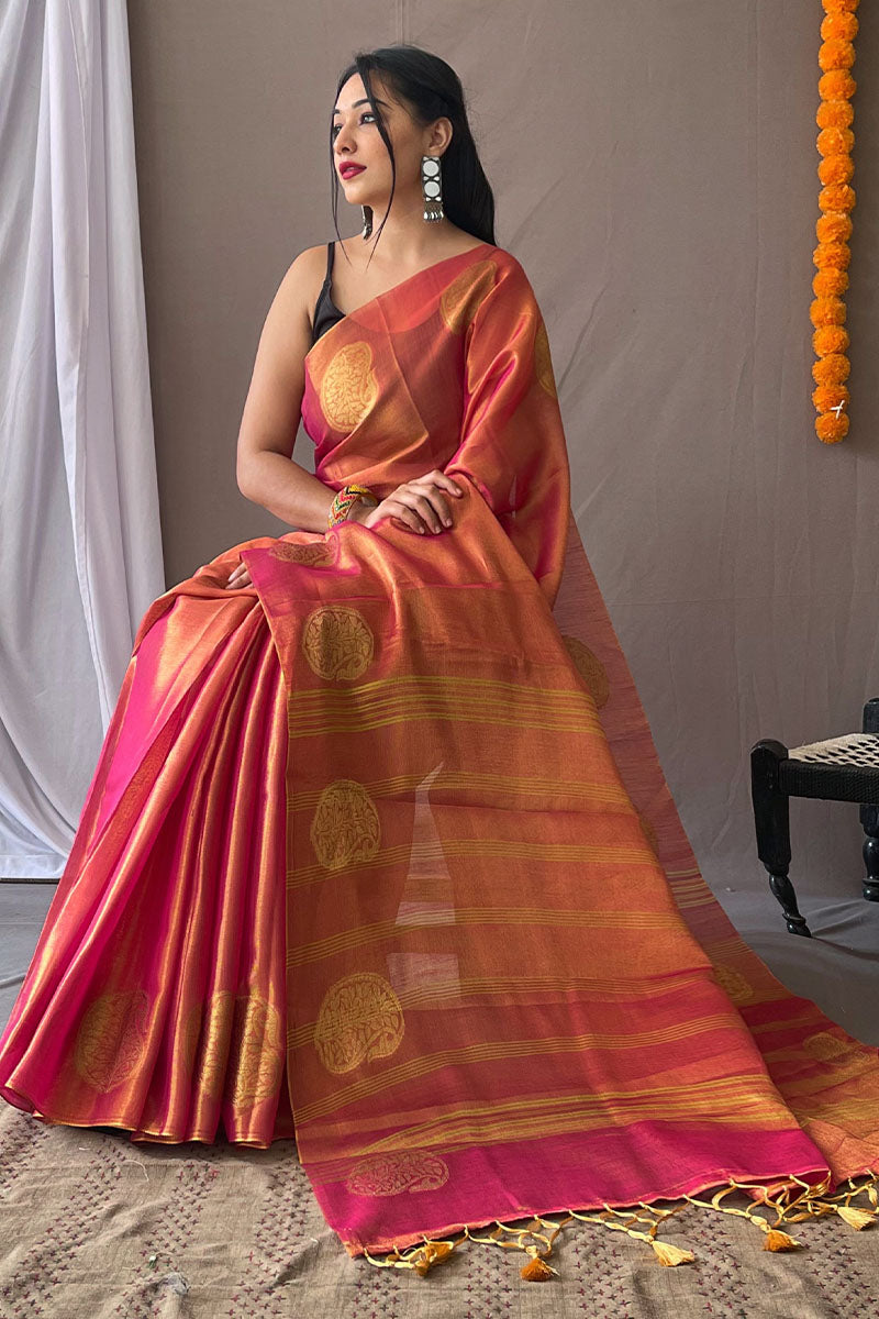 Deep Carmine Pink Woven Tissue silk Saree