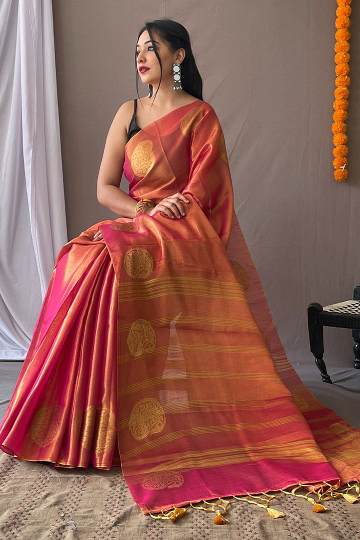 Deep Carmine Pink Woven Tissue silk Saree