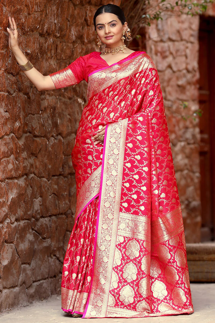 Deep Carmine Pink Zari Woven Banarasi Satin Silk Saree