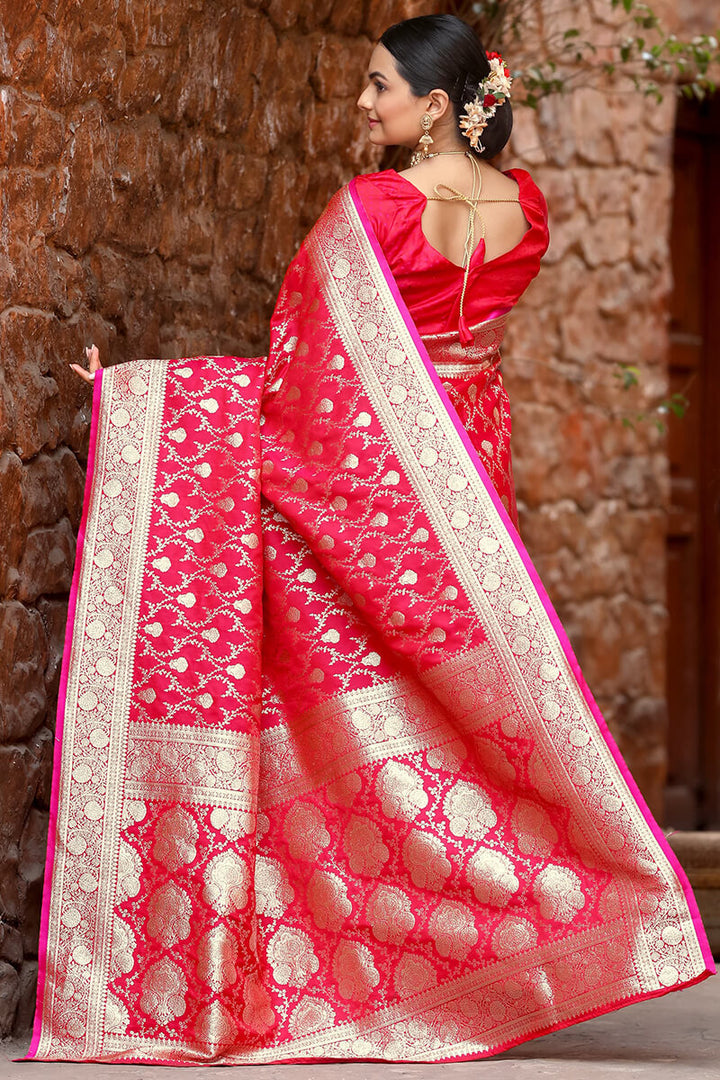 Deep Carmine Pink Zari Woven Banarasi Satin Silk Saree