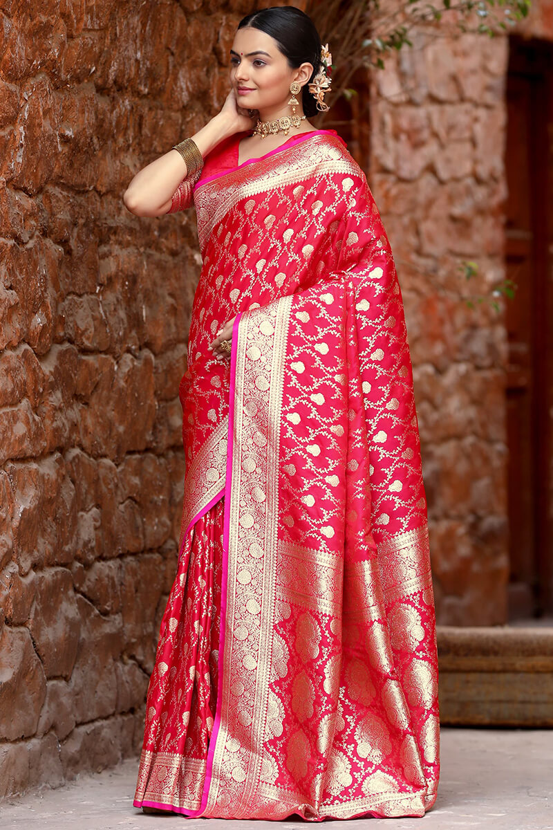 Deep Carmine Pink Zari Woven Banarasi Satin Silk Saree