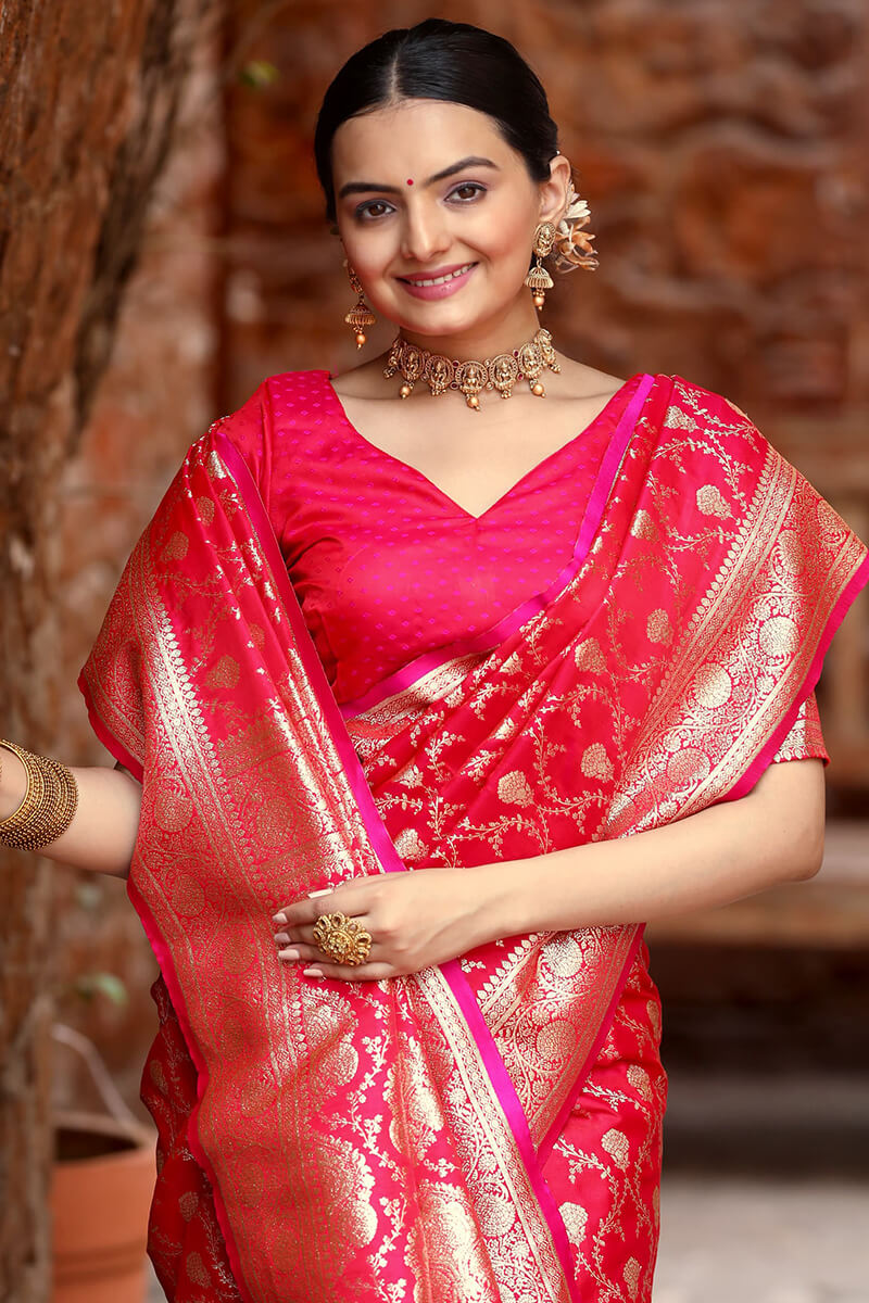 Deep Carmine Pink Zari Woven Banarasi Satin Silk Saree