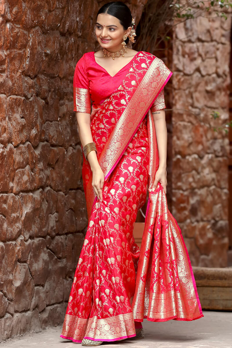 Deep Carmine Pink Zari Woven Banarasi Satin Silk Saree