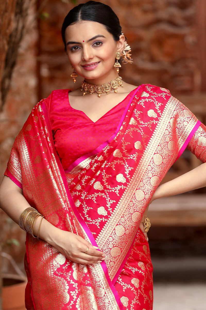 Deep Carmine Pink Zari Woven Banarasi Satin Silk Saree