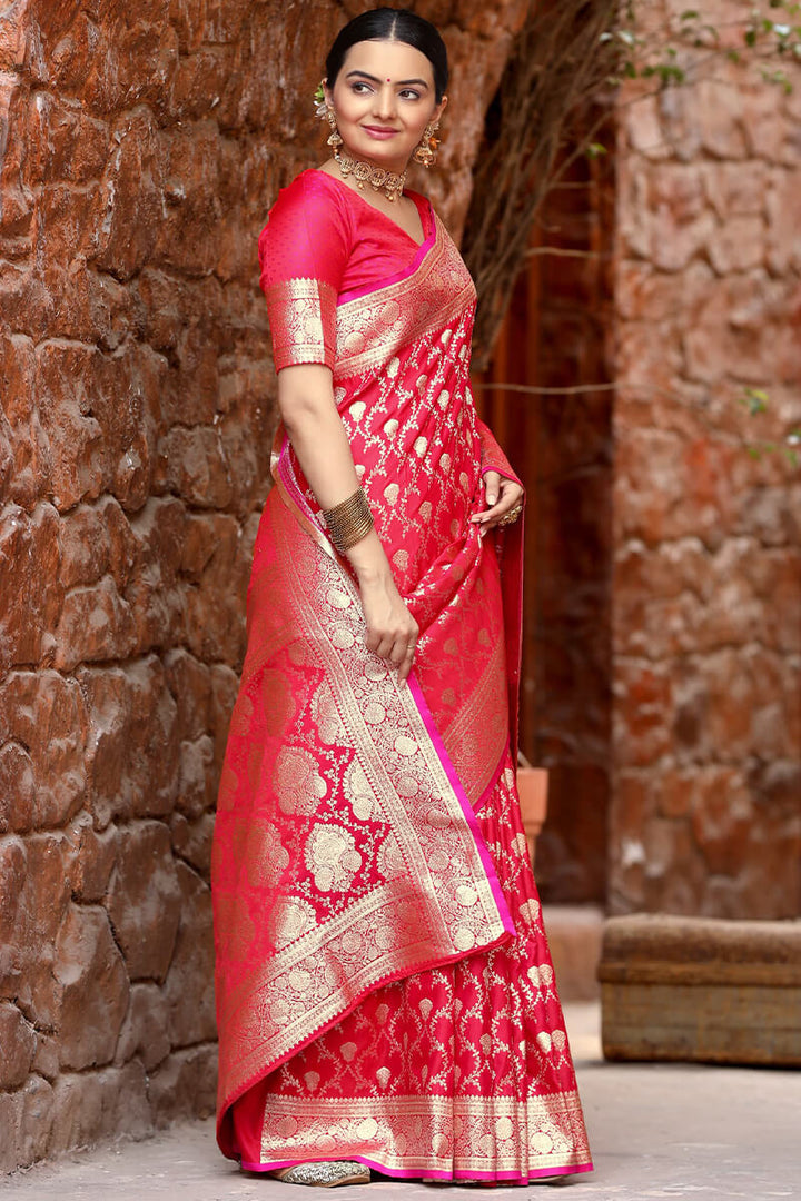 Deep Carmine Pink Zari Woven Banarasi Satin Silk Saree