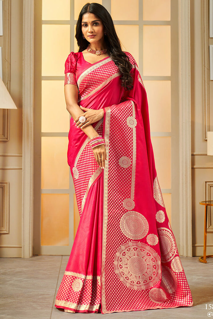 Deep Carmine Pink Zari Woven Banarasi Silk Saree