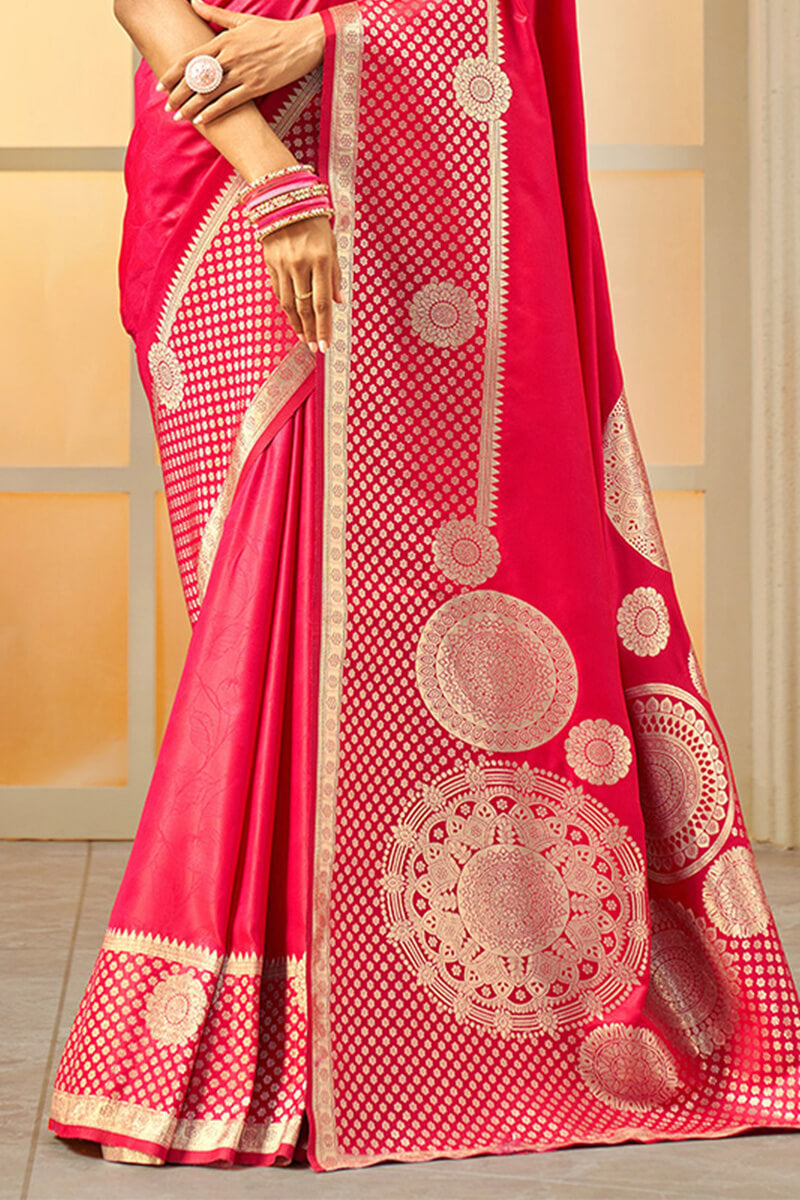 Deep Carmine Pink Zari Woven Banarasi Silk Saree