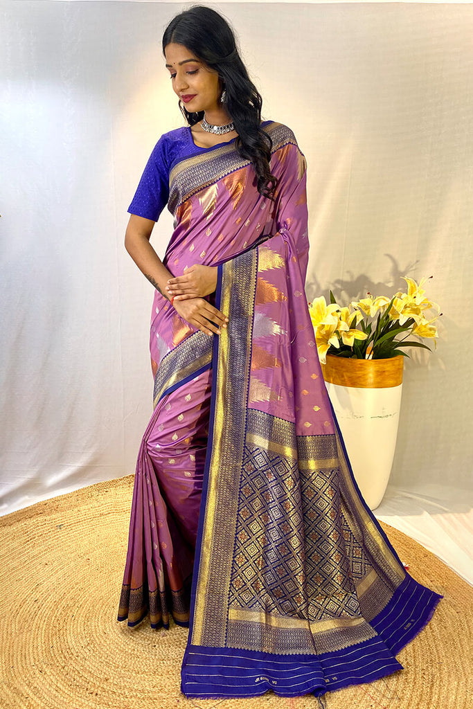 Deep Lavender Zari Woven Banarasi Silk Saree