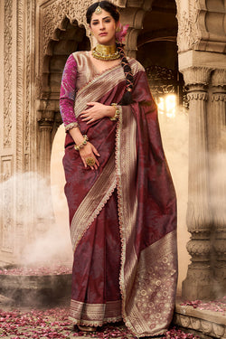 Deep Maroon Banarasi Fancy Silk Saree with Lace Border
