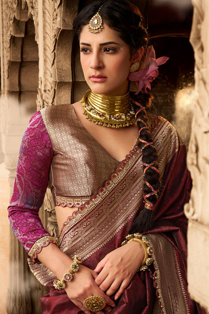 Deep Maroon Banarasi Fancy Silk Saree with Lace Border