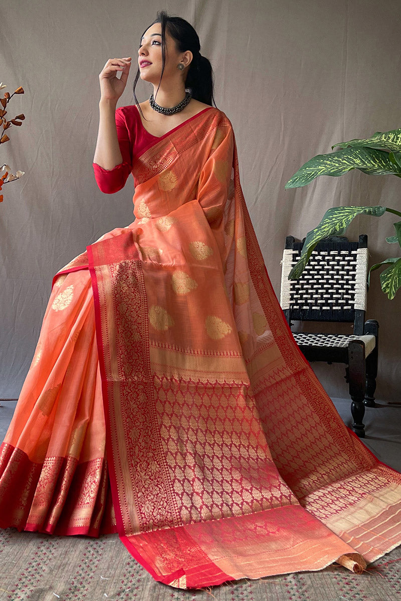 Deep Orange Zari Woven Linen Silk Saree