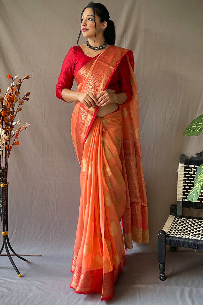 Deep Orange Zari Woven Linen Silk Saree