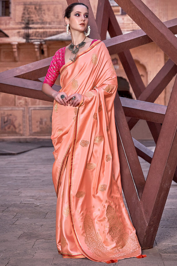 Deep Peach Banarasi Satin Silk Saree