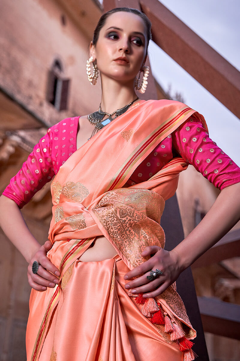 Deep Peach Banarasi Satin Silk Saree