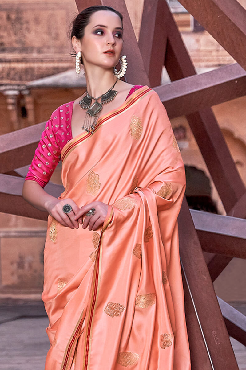 Deep Peach Banarasi Satin Silk Saree