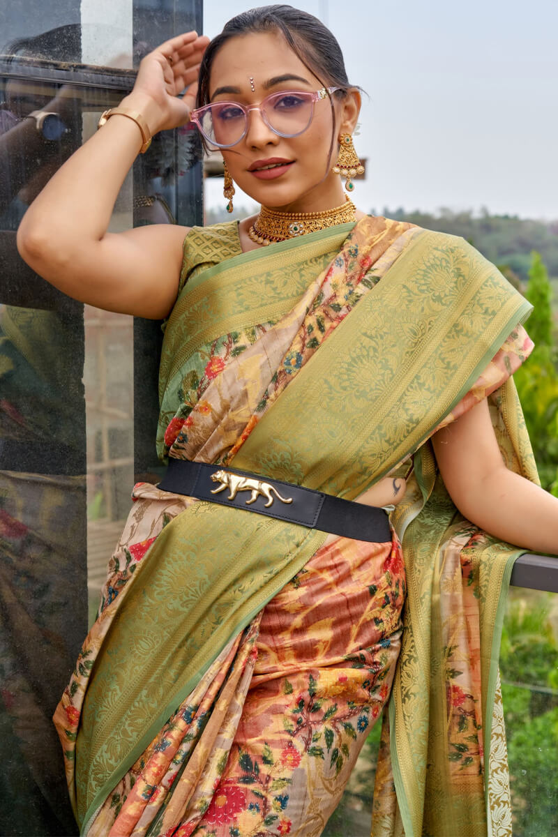 Deep Peach Printed Organza Silk Saree