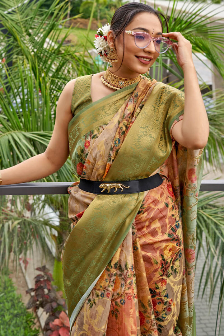 Deep Peach Printed Organza Silk Saree